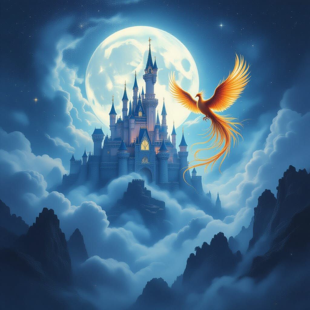 Moonlit Castle Floating Above Cosmic Dust Sea with Phoenix