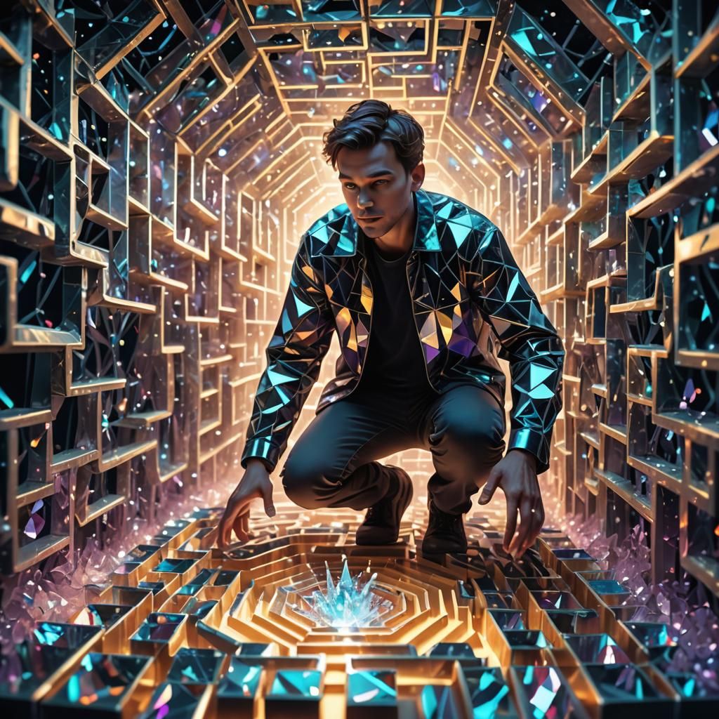 Magical Crystal Maze with Luminous Spiders in 3D