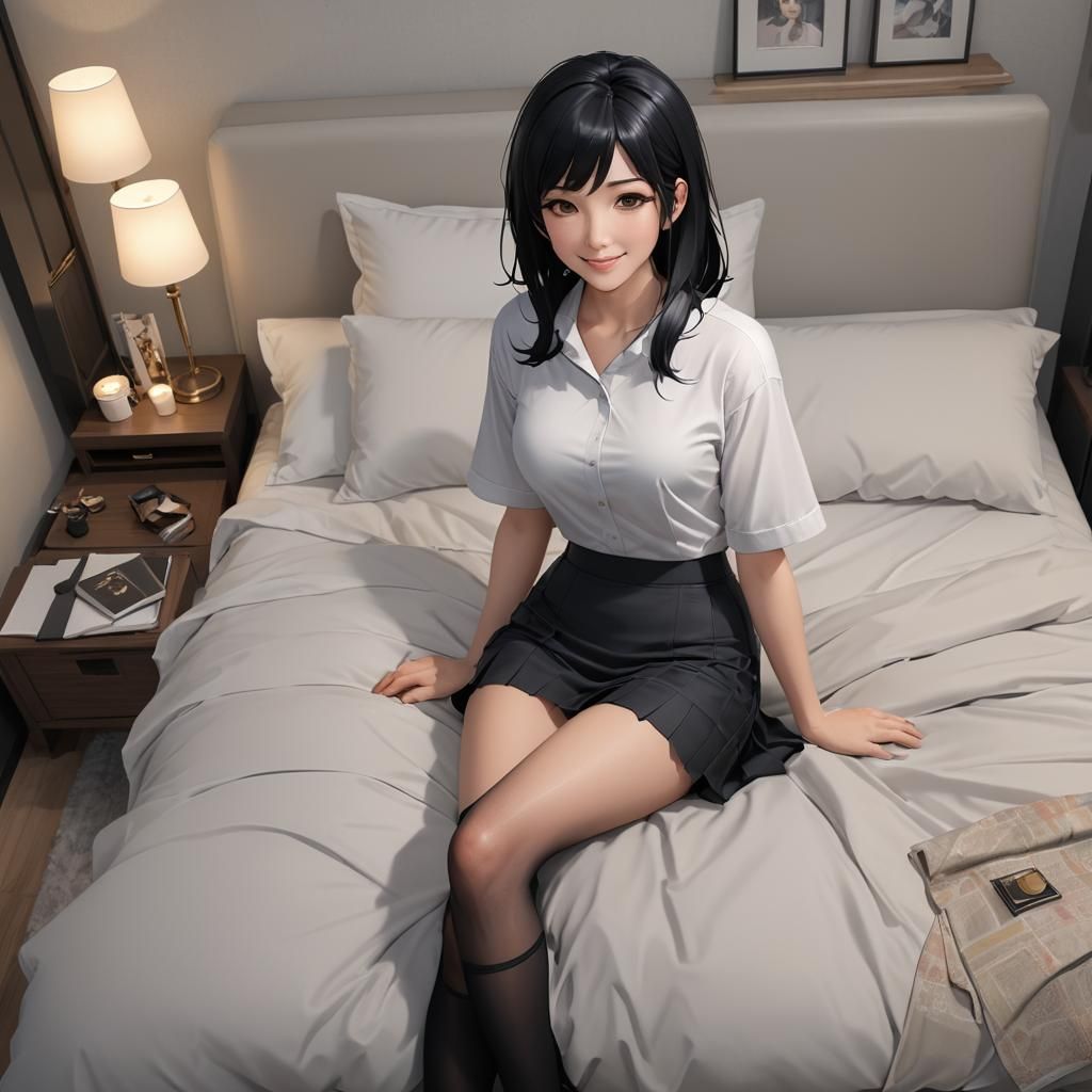 Mature Anime Girl in Bedroom, 3D Rendered Art