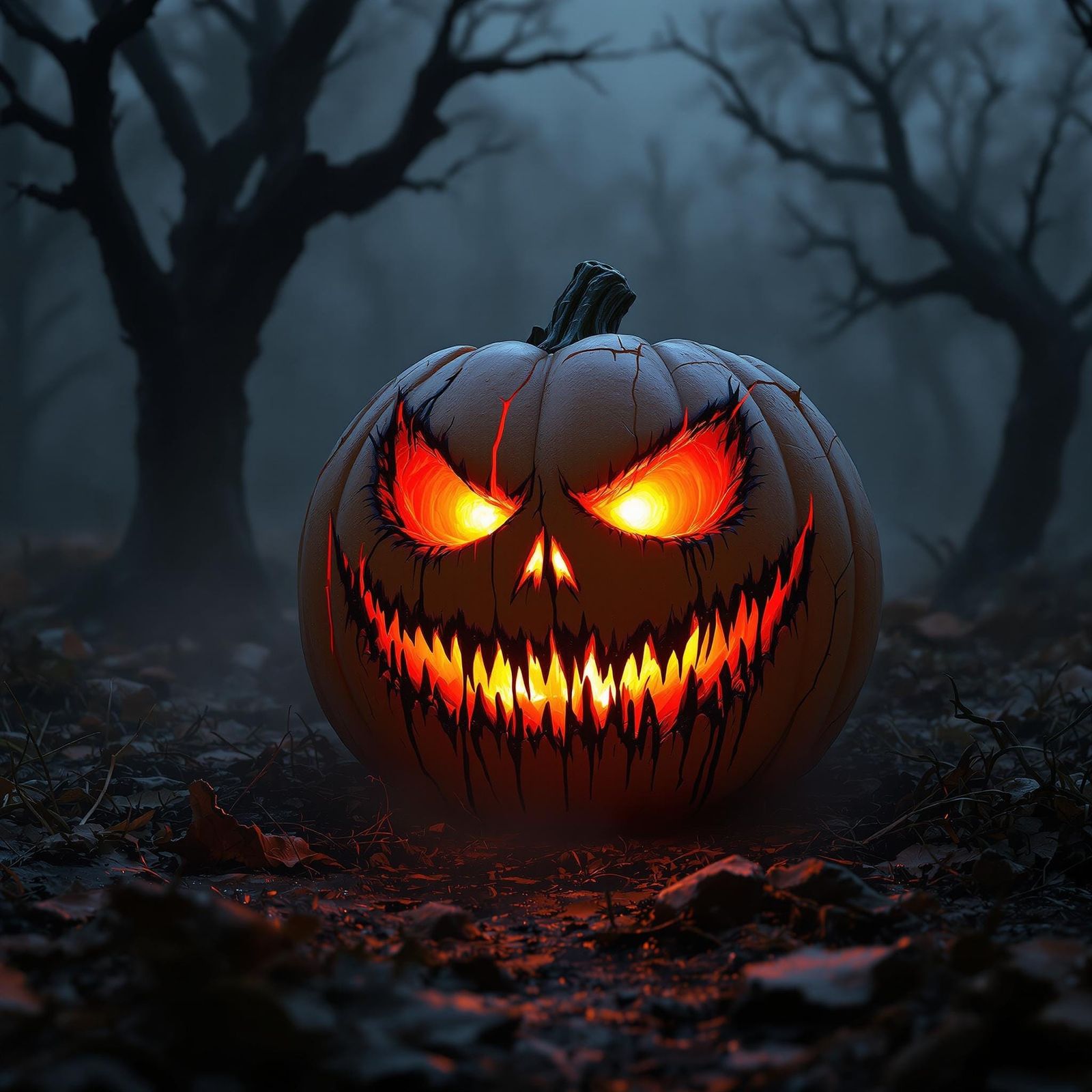 A hyper-detailed, nightmarish jack-o’-lantern sits in the center of a dark, misty clearing, its carved grin jagged and t...