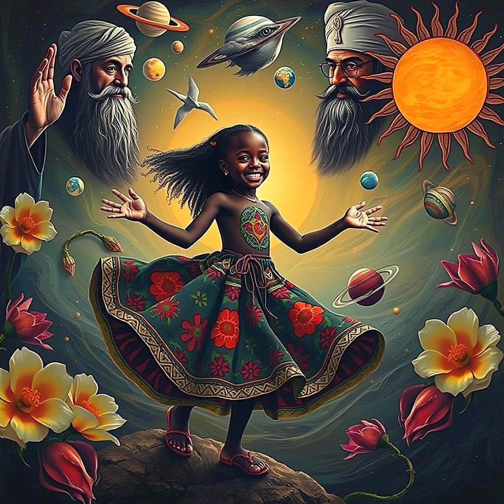 Surreal Dance with Planets, Stars and Saint