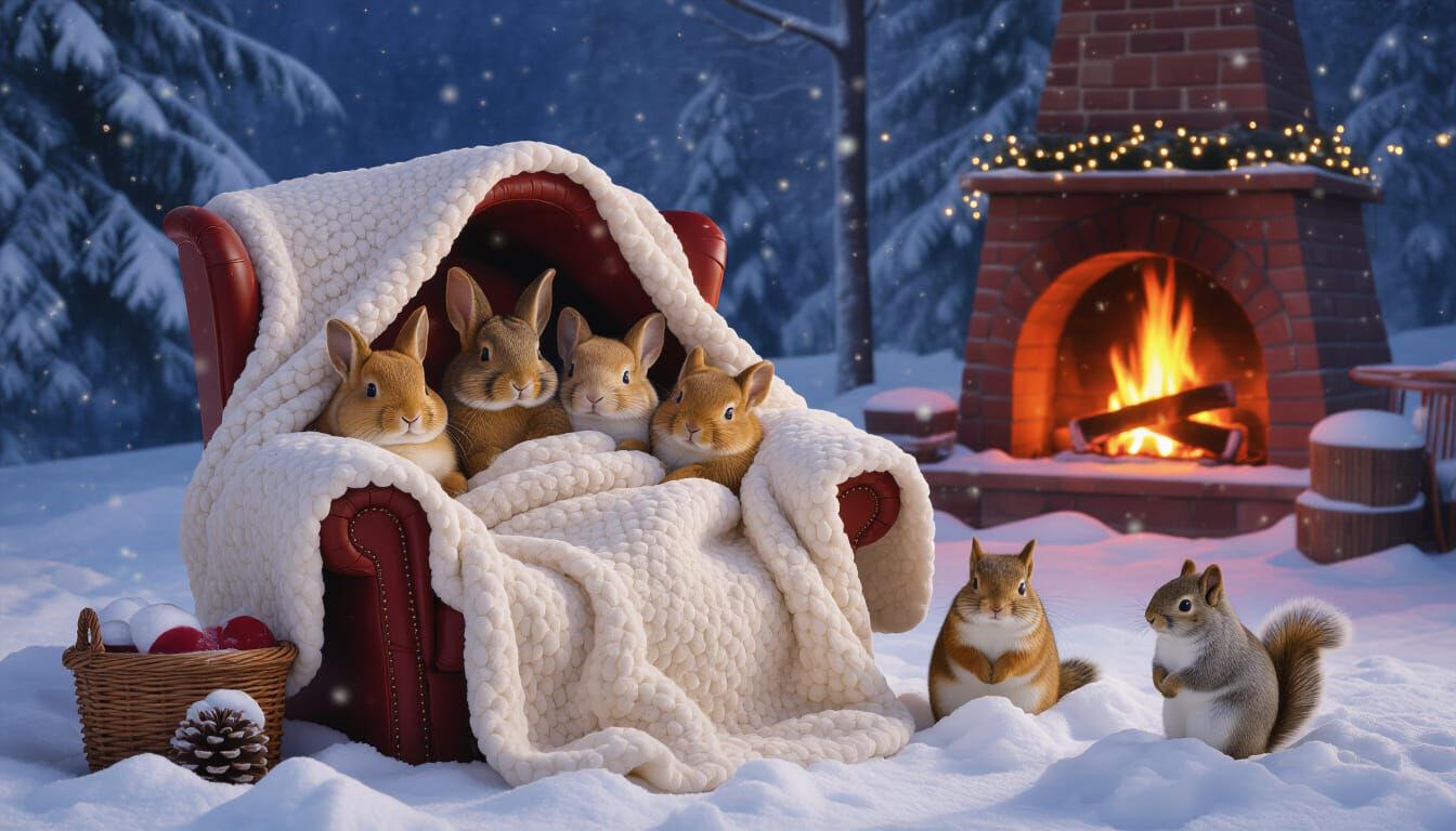 Cozy Winter Scene With Forest Creatures in Armchair