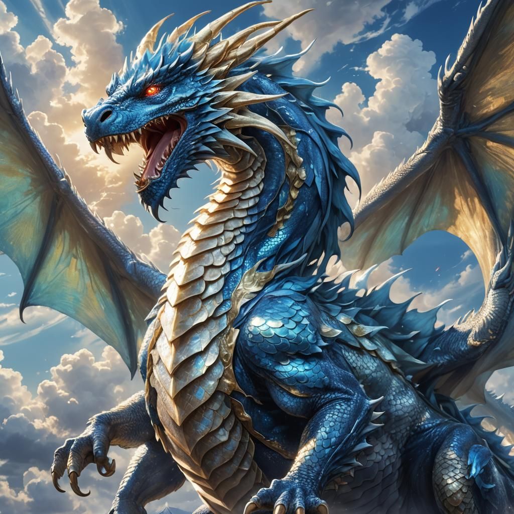 Majestic Blue Platinum Dragon in Anime Style
