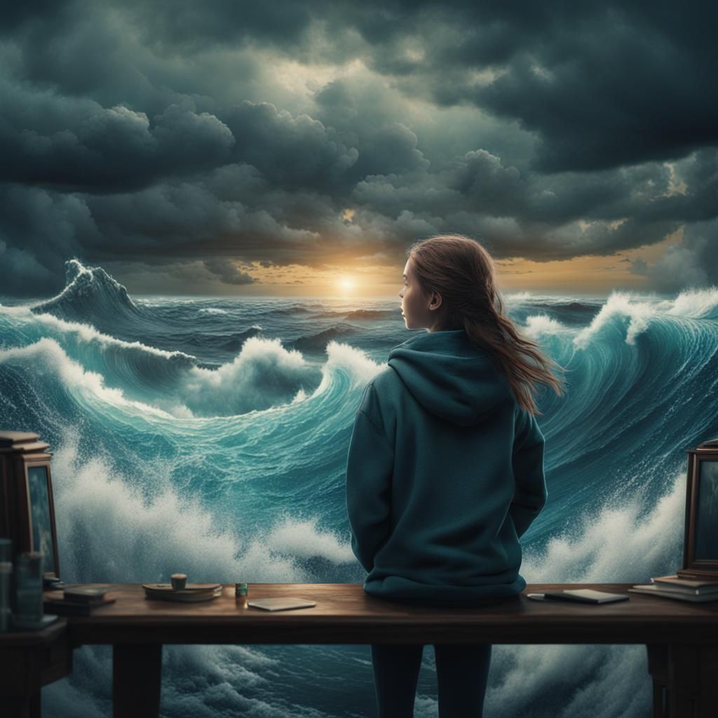 Girl Watches Anxious Ocean: Digital Matte Painting