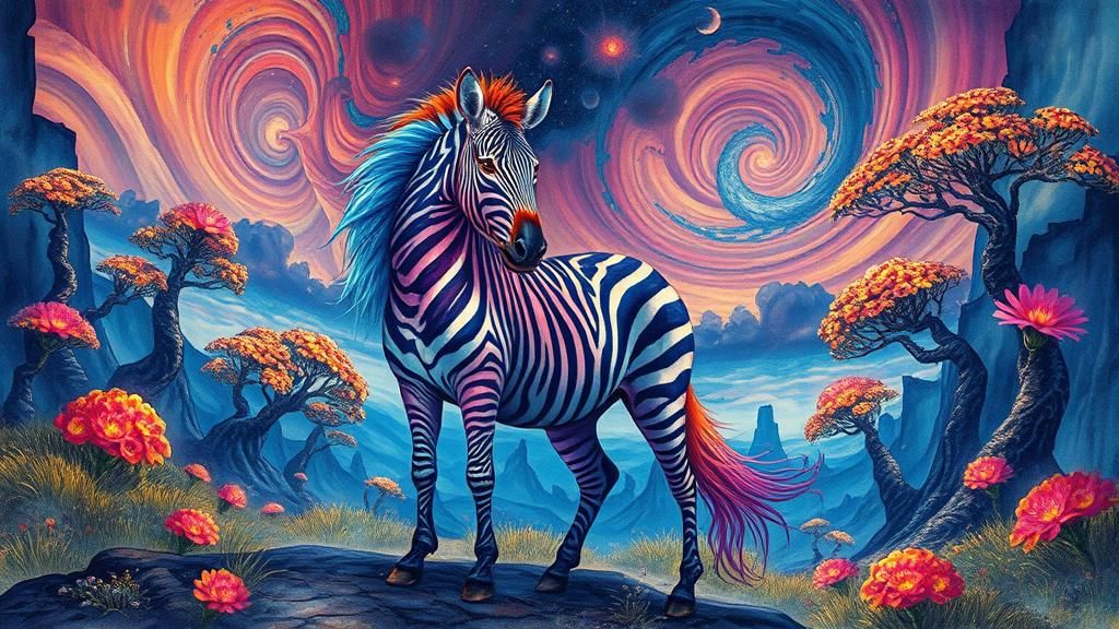 Iridescent Zebra in Surreal Alien Landscape