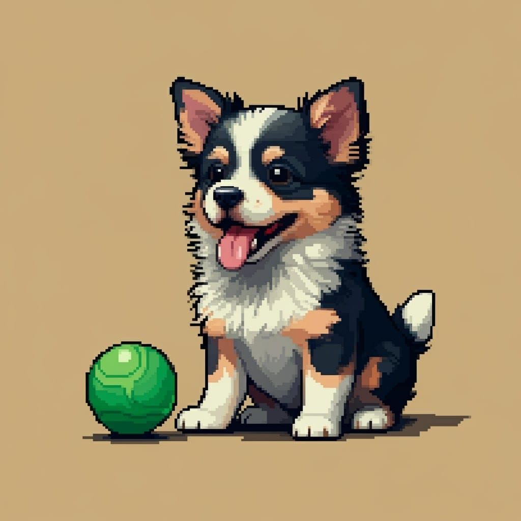 Pixel Art: Small Dog with Green Ball