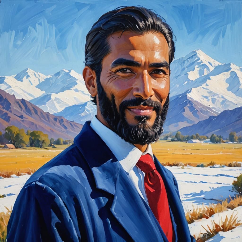 Smiling Man in Snowy Field: an Impasto Painting