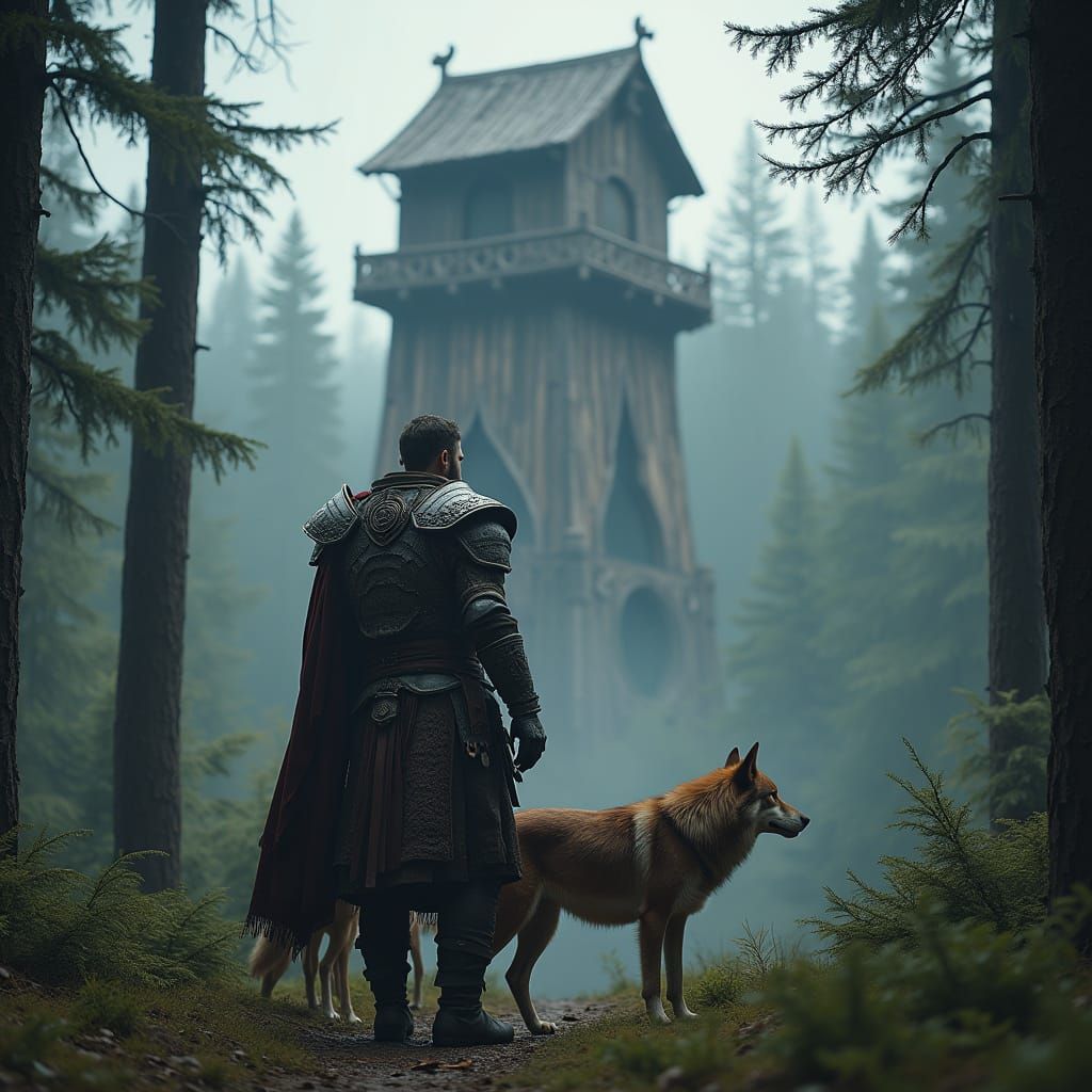 Warrior and Wolves in Ancient Forest, Hyper-Realistic