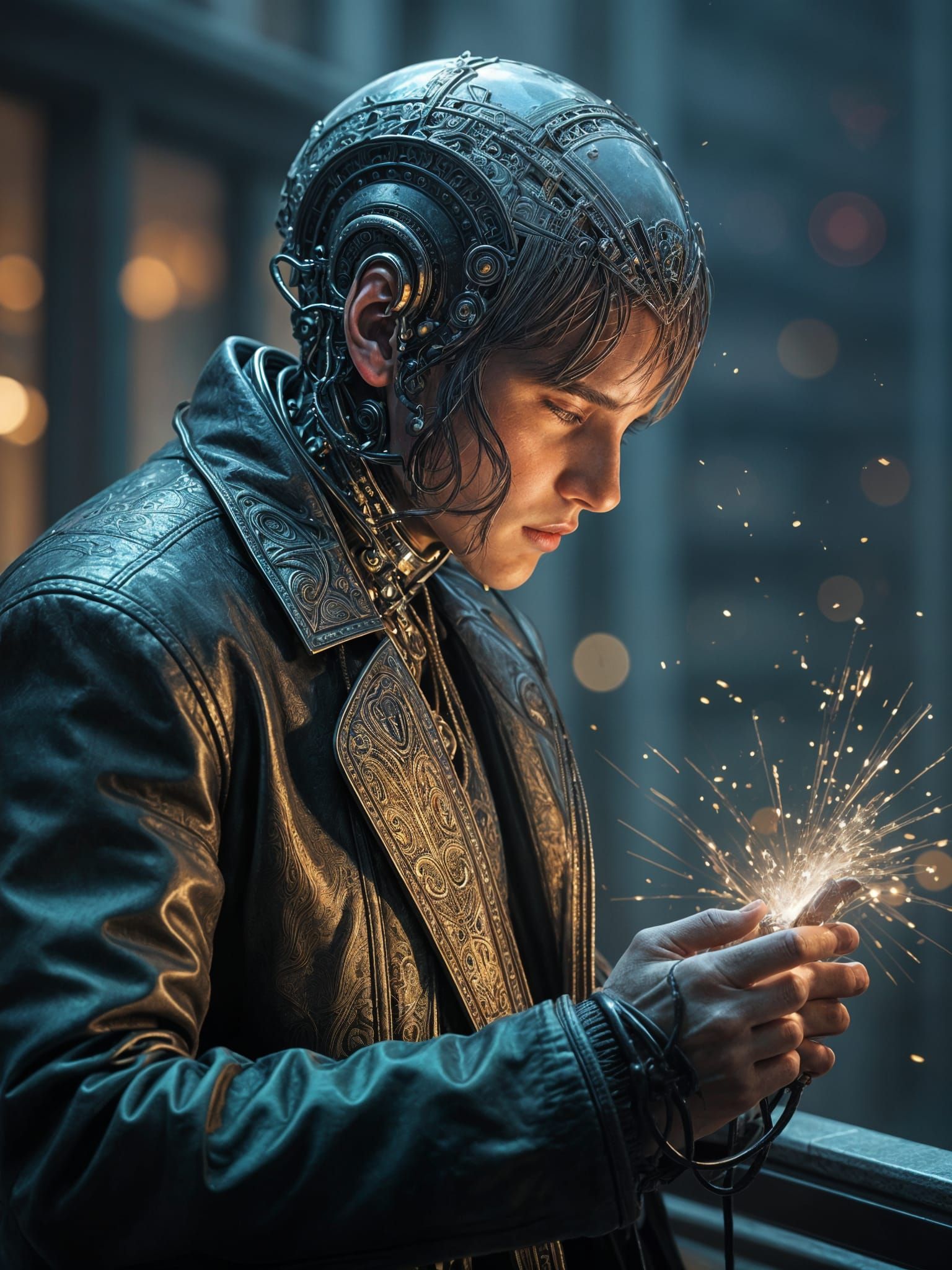 Epic Maximalist Portrait of Creator in Nighttime Cityscape