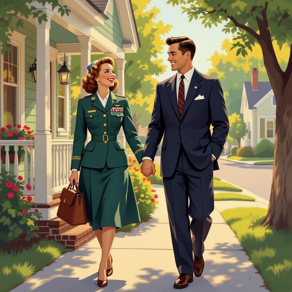 1950s Couple in Uniform and Suit, Idyllic Home Scene