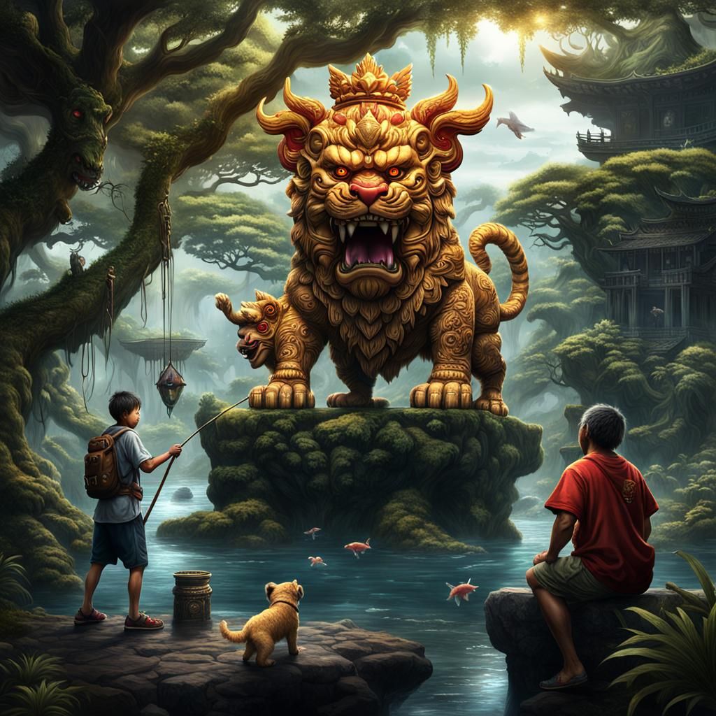 Okinawan Shisa Dog and Jungle Spirit in Dark Fantasy