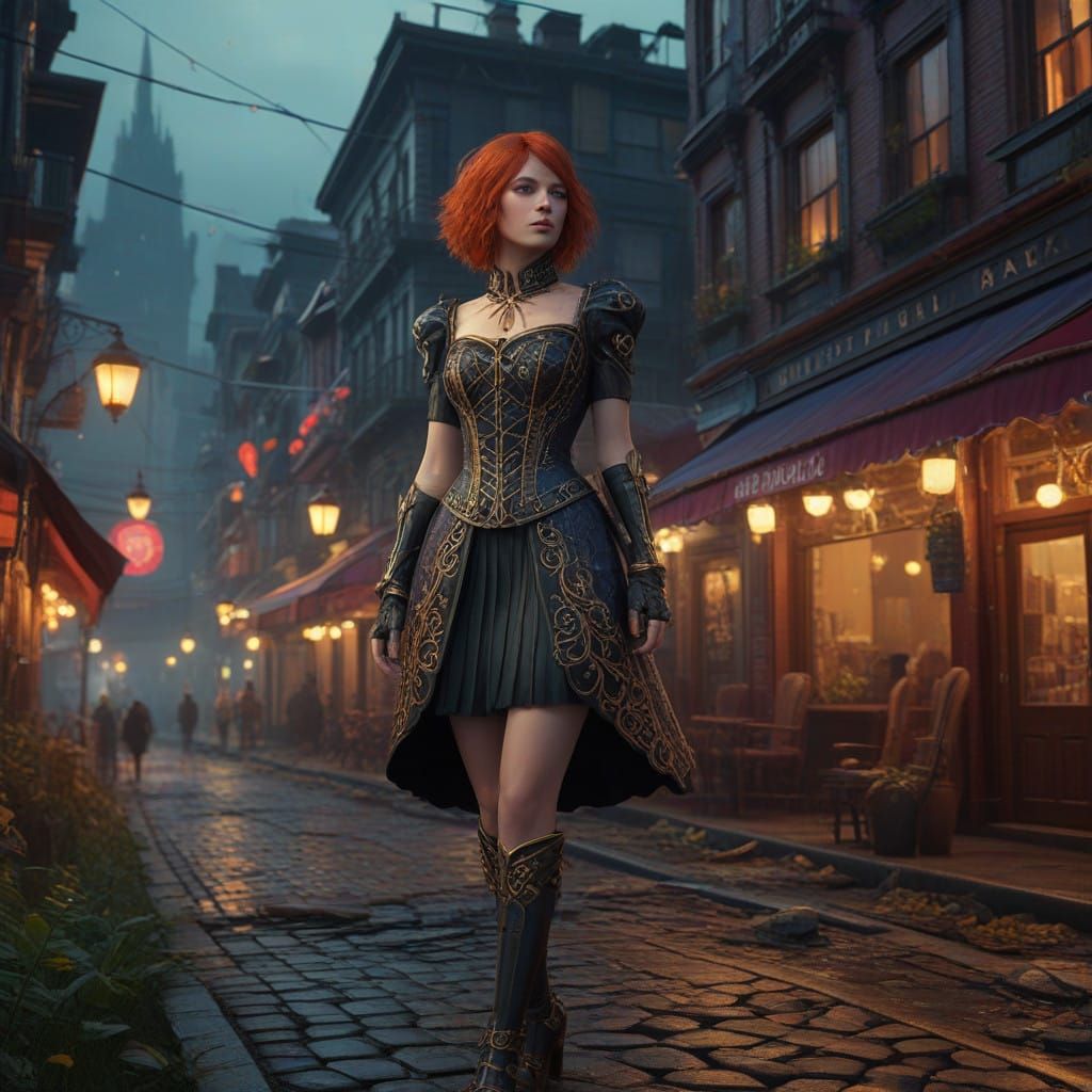 Fiery Redhead in Ornate Black Bodice and Tan Nylons