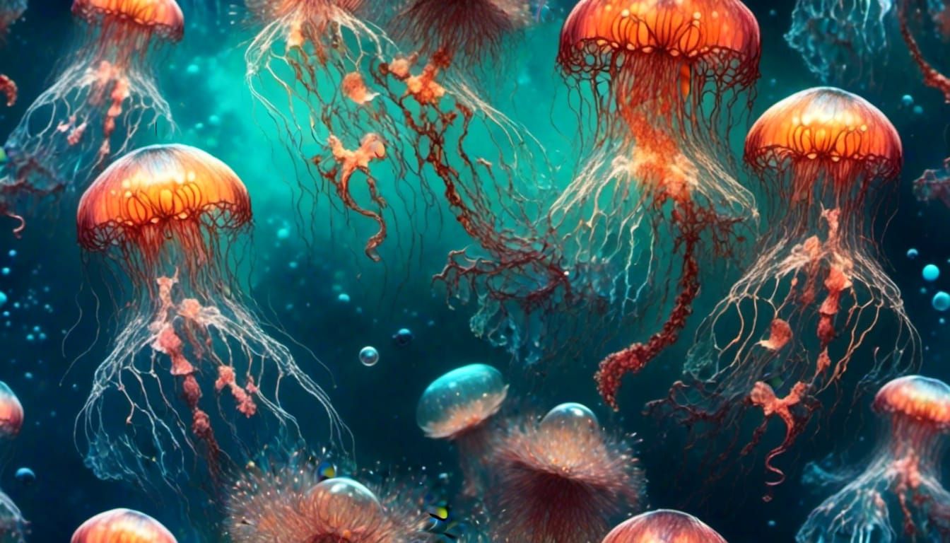 Magical Glass Jellyfish in Deep Ocean Cavern