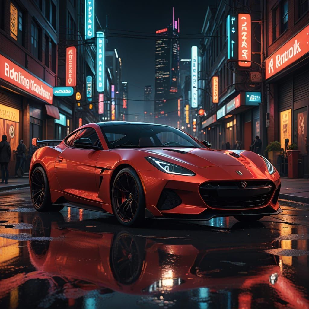 Sleek Red Sports Car in Urban, Streetwear Style