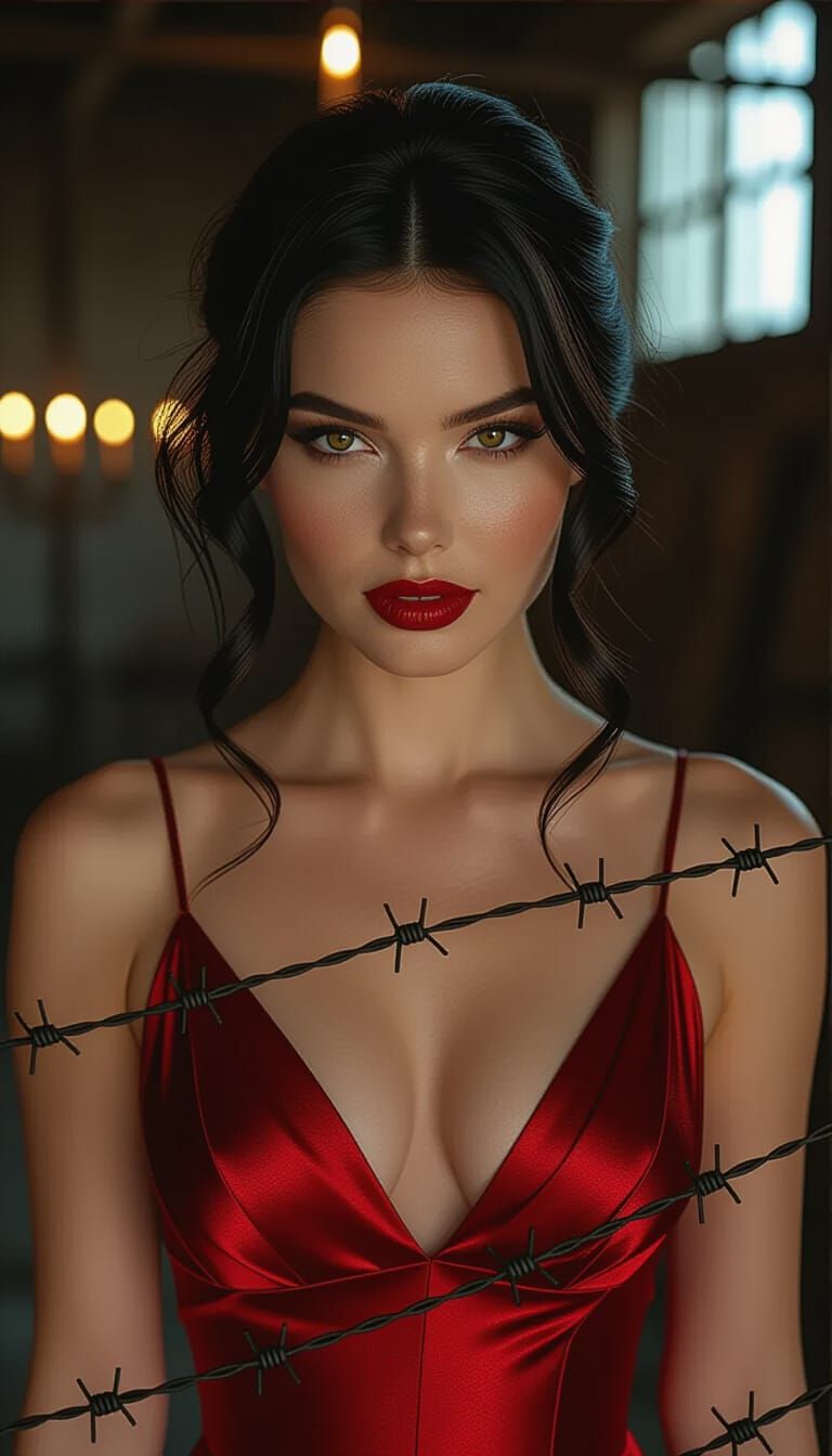Femme Fatale in Crimson Silk, Digital Art