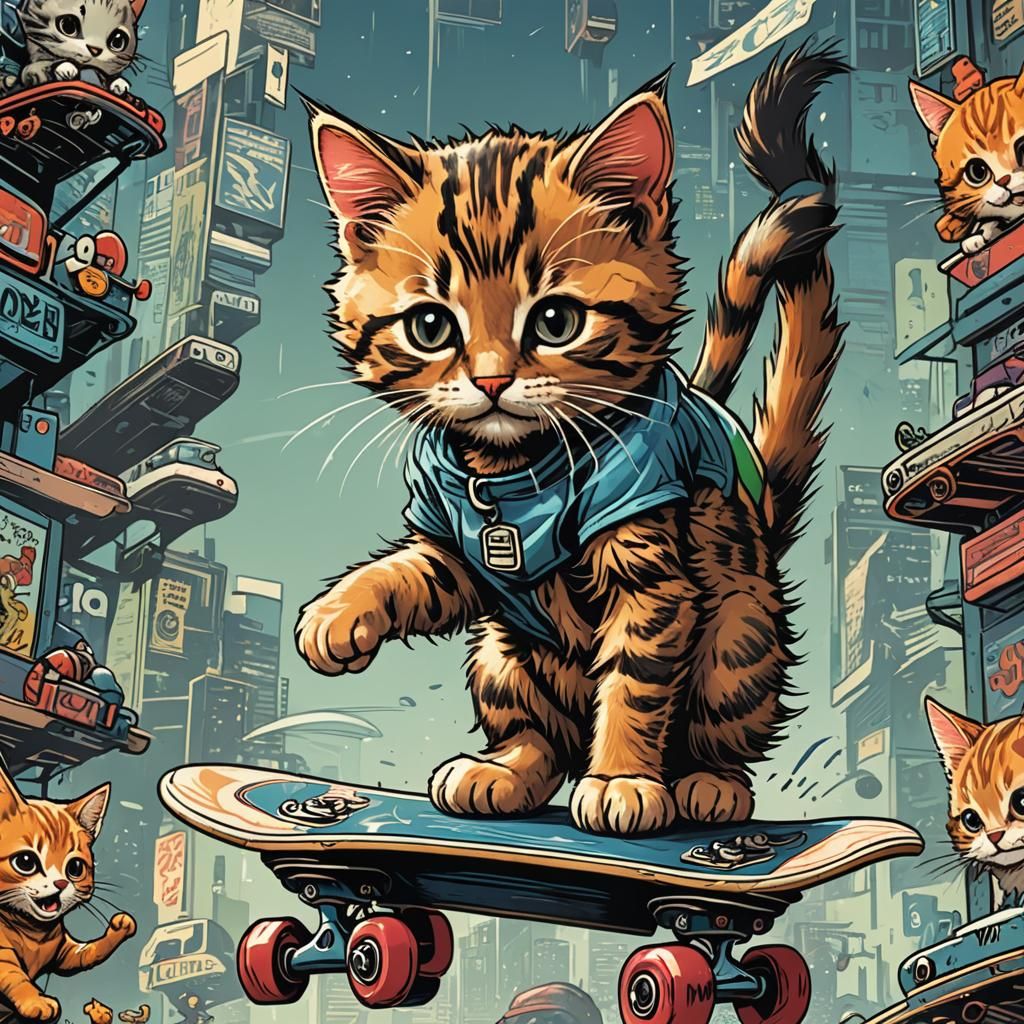 Kitten on Skateboard in Comic Book Style