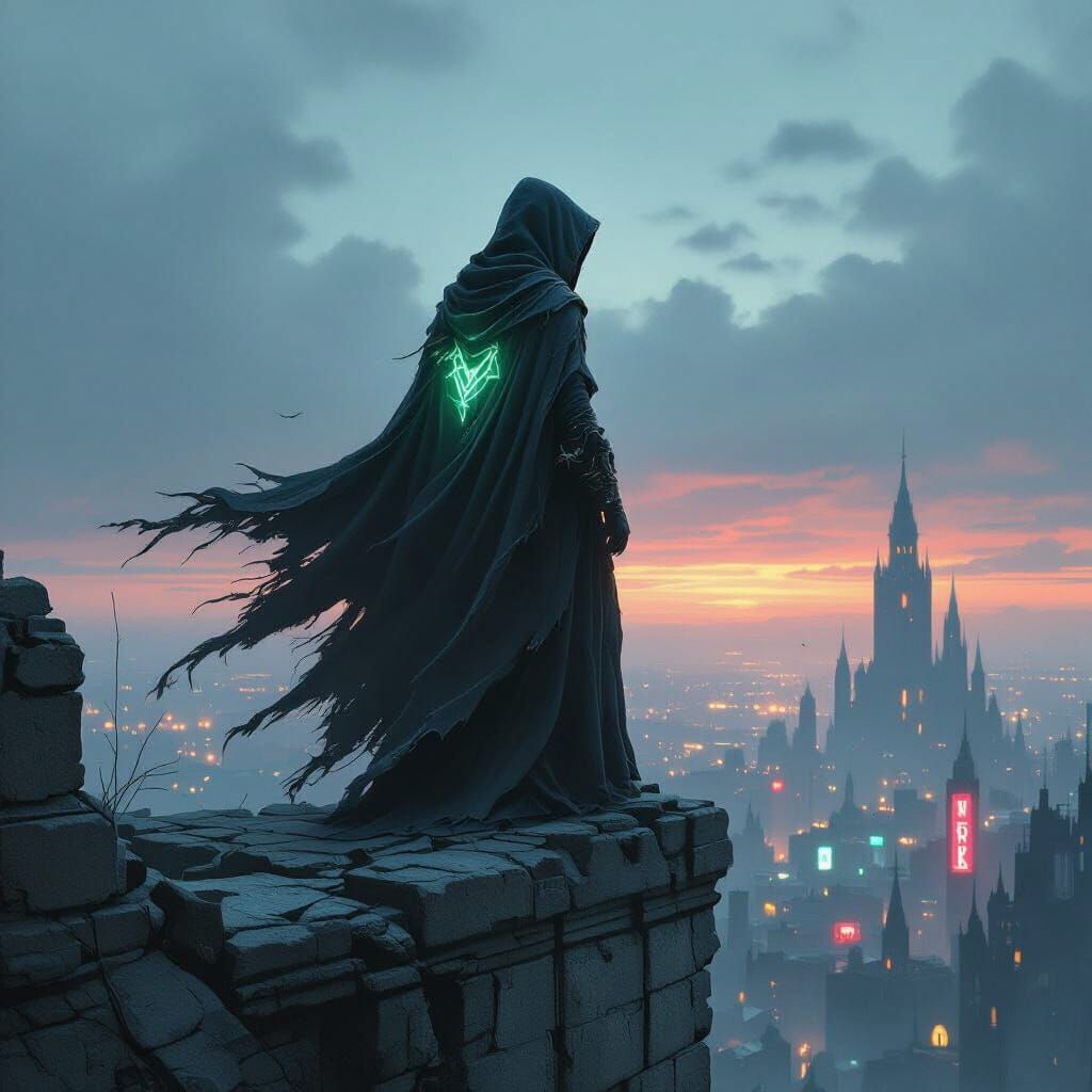 Sorceress Overlooks Desolate Cityscape in Painterly Style