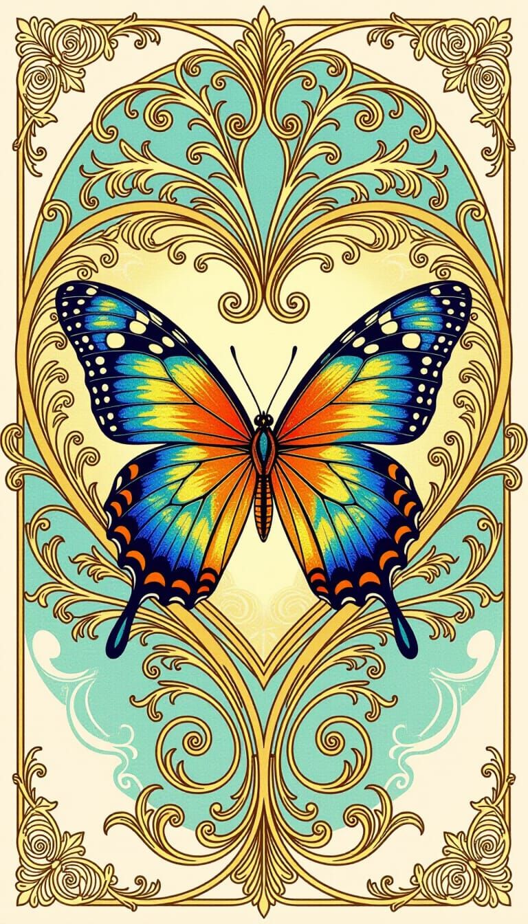 Majestic Monarch Butterfly in Art Nouveau Golden Heart