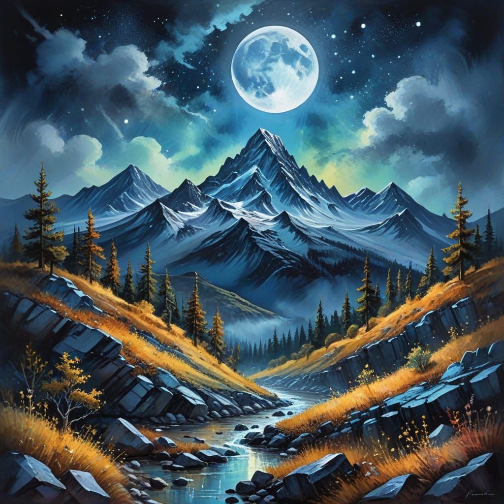 Moon Meets Mountain in Gouache Watercolor Style