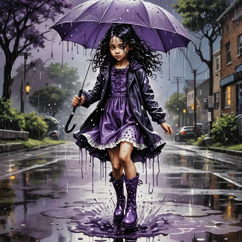 Girl in Gothic Dress Jumping in Puddle, Detailed Illustratio...