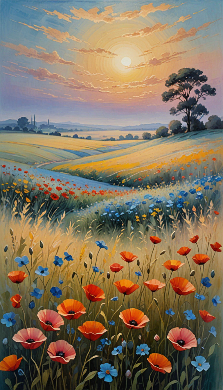 Surreal Blue Horizon Unfolds with Vibrant Poppies and Blosso...