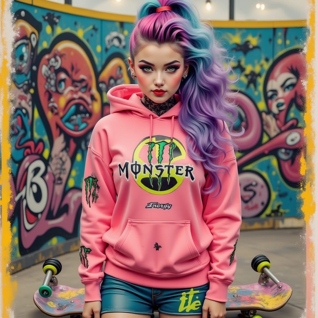 Vibrant Girl with Pink Hair at Skate Park