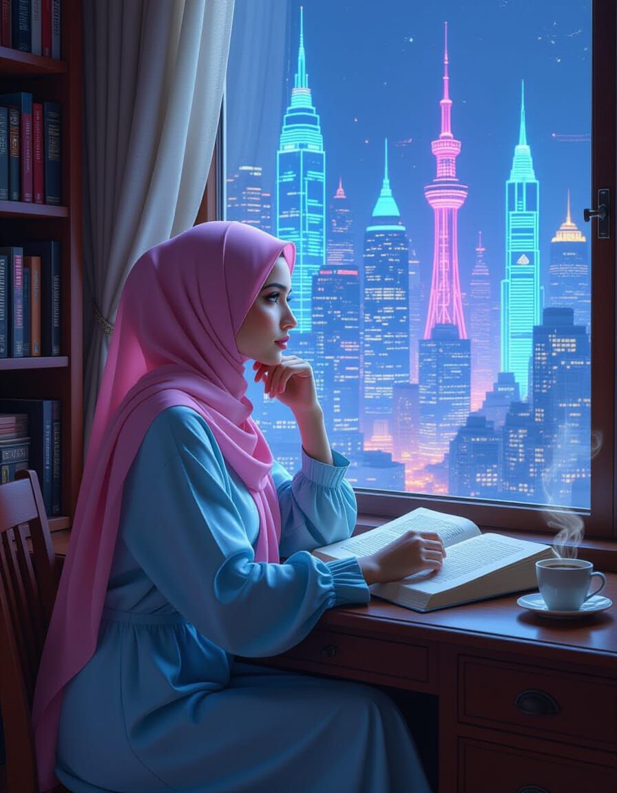 Muslim Woman Gazing at Neon Cityscape in Cinematic Style