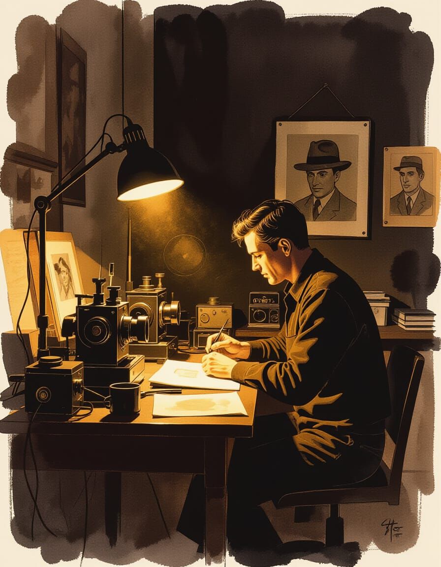 Vintage Darkroom with Developing Equipment in Gouache and Wa...