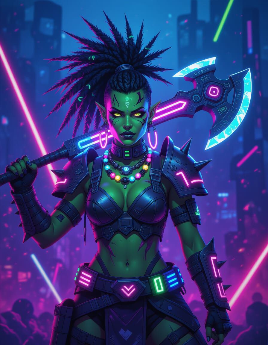 Fierce Neon Orc Warrior in Cyberpunk Rave