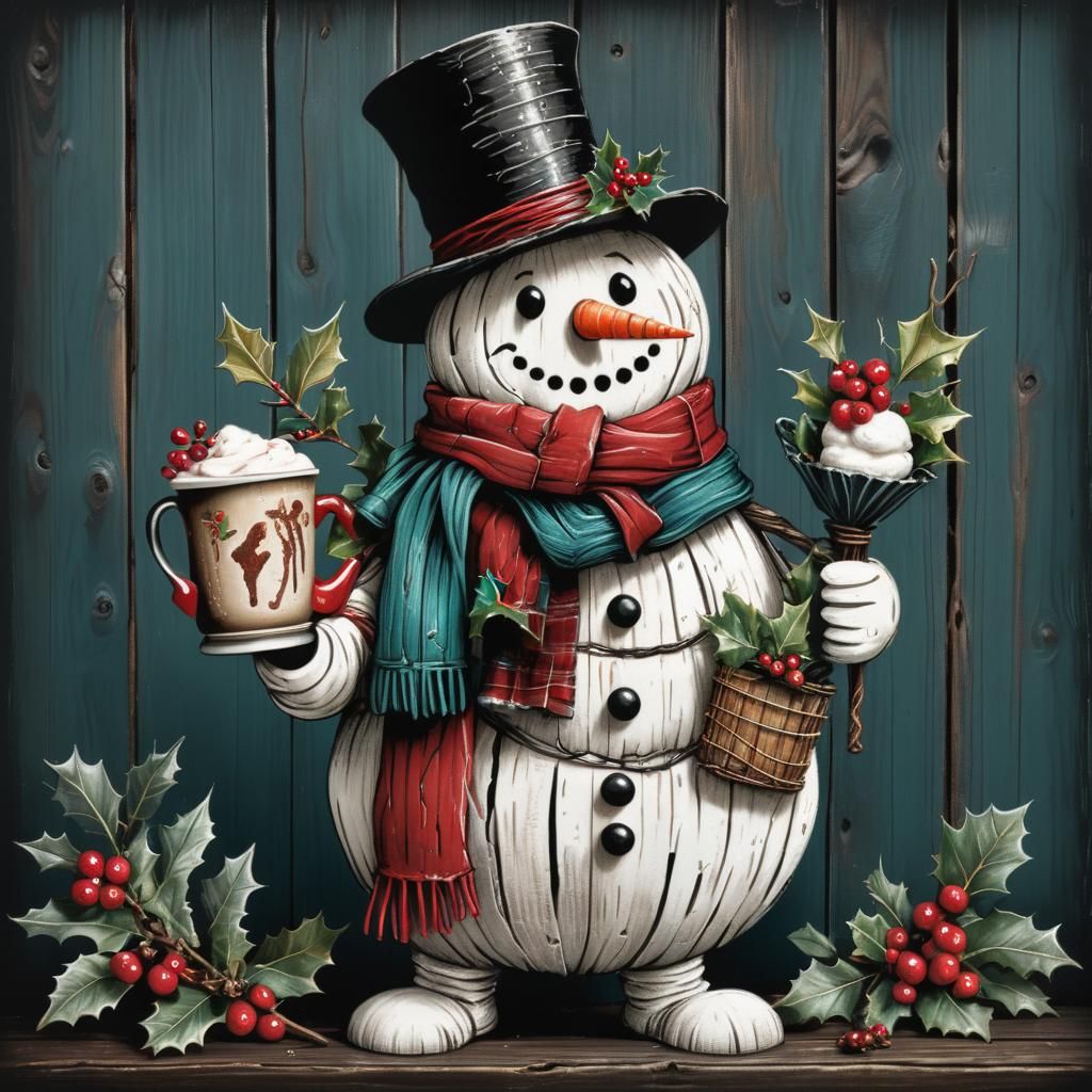 Festive Crackled Snowman Scratchboard Drawing with Hot Choco...
