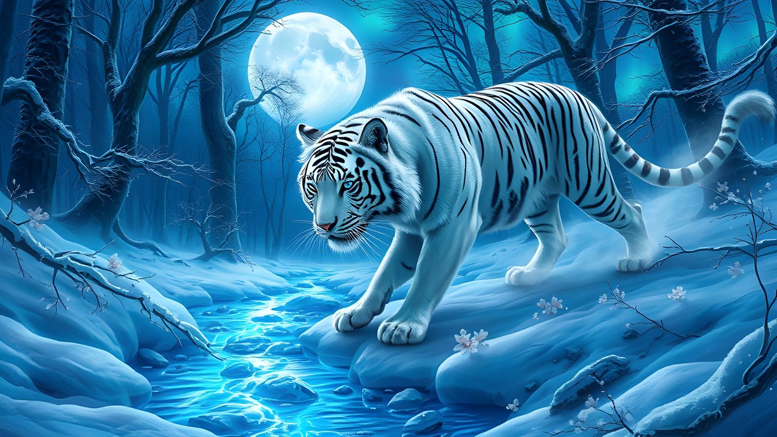 Majestic White Tiger in Mystical Winter Forest