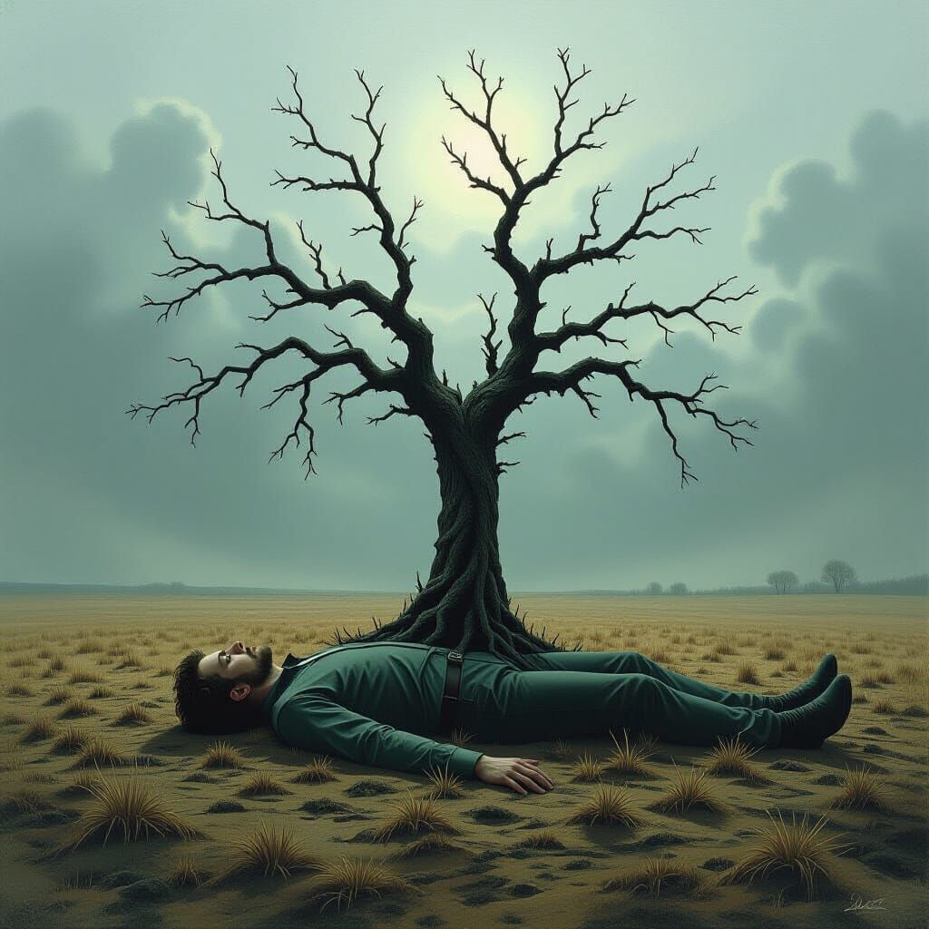 Man Under Leafless Tree in Dark Fantasy Style
