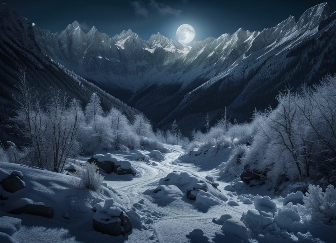 Icy Mountain Range Under Moonlight in HDR