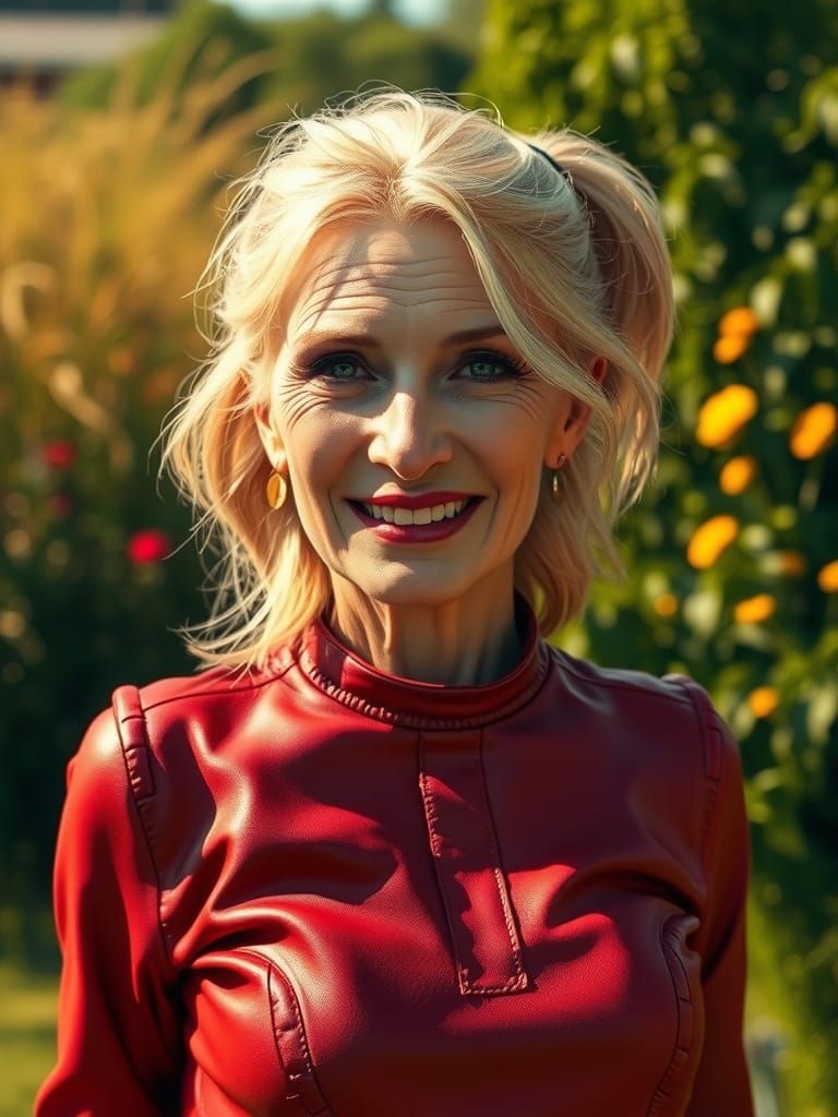 Elderly Woman in Red Dress: Whimsical Digital Portrait