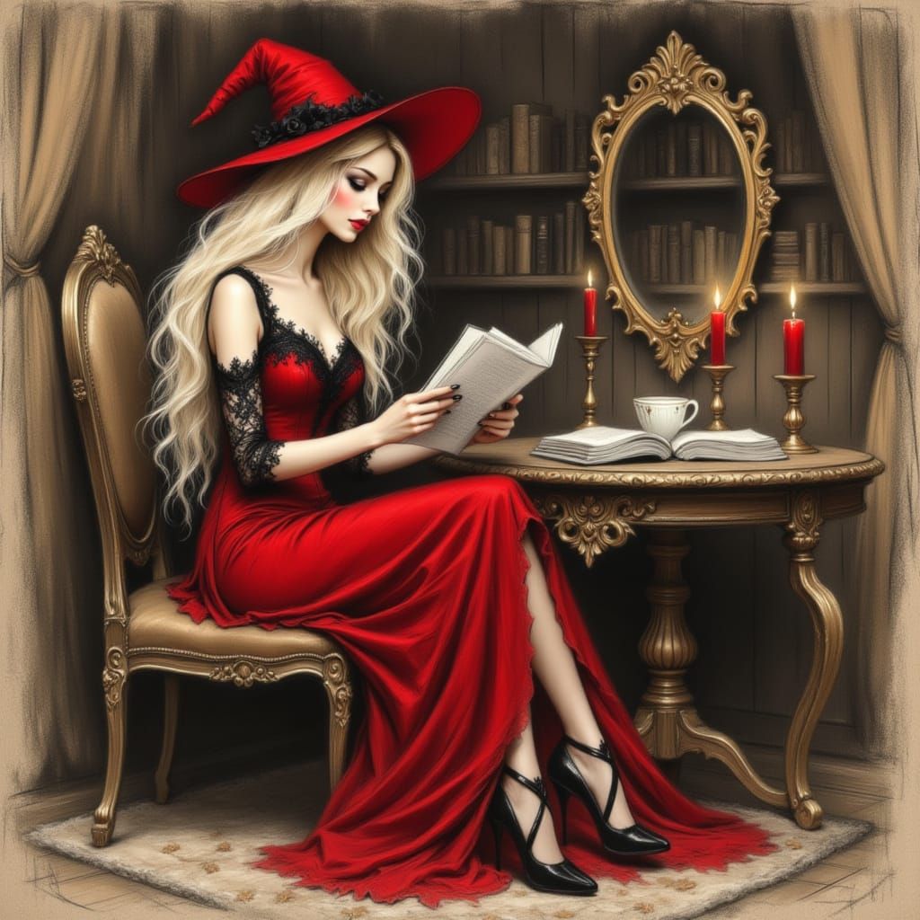 Elegant Witch Reading in Cozy Study: Charcoal Art