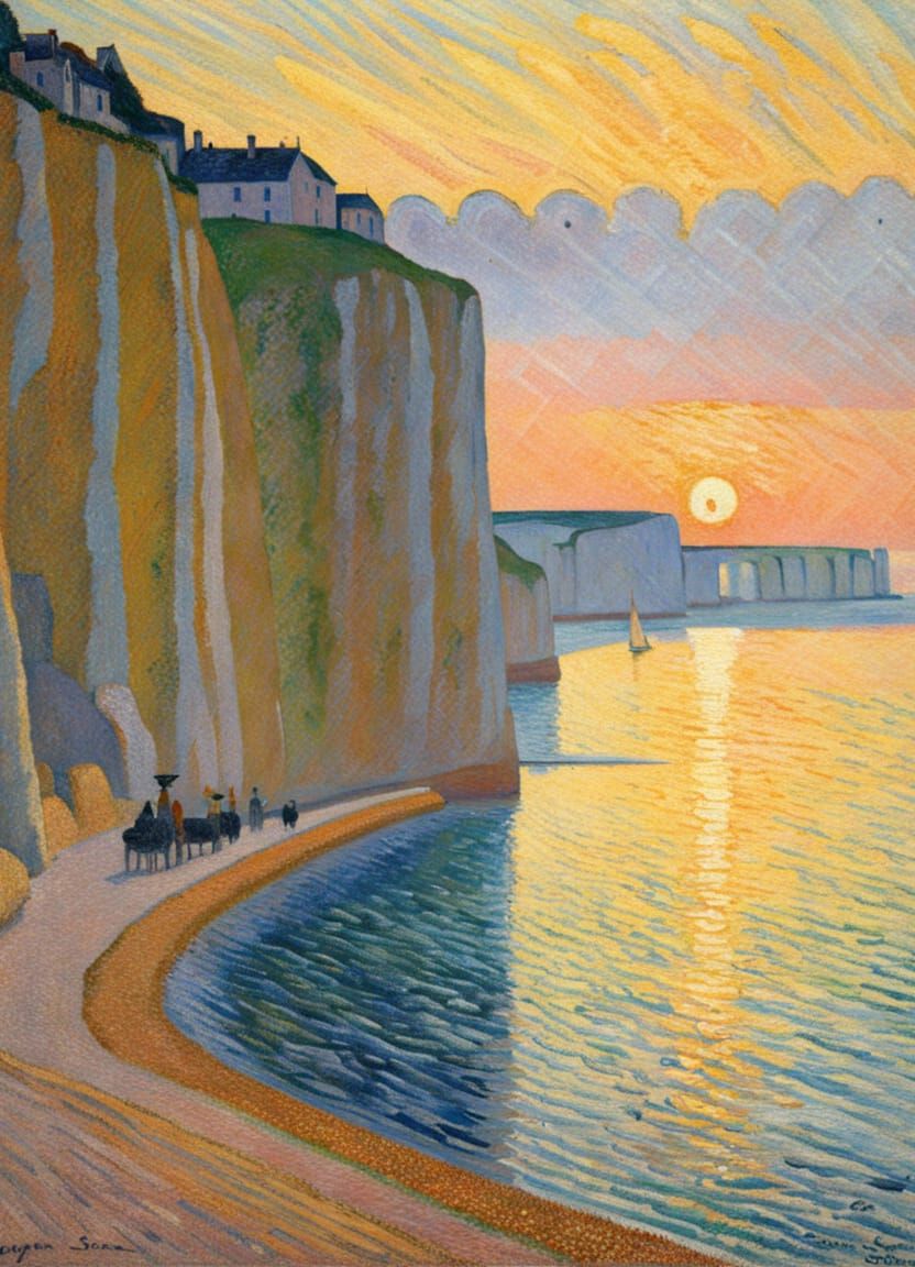 Pointillist Cliffs of Dover at Golden Hour