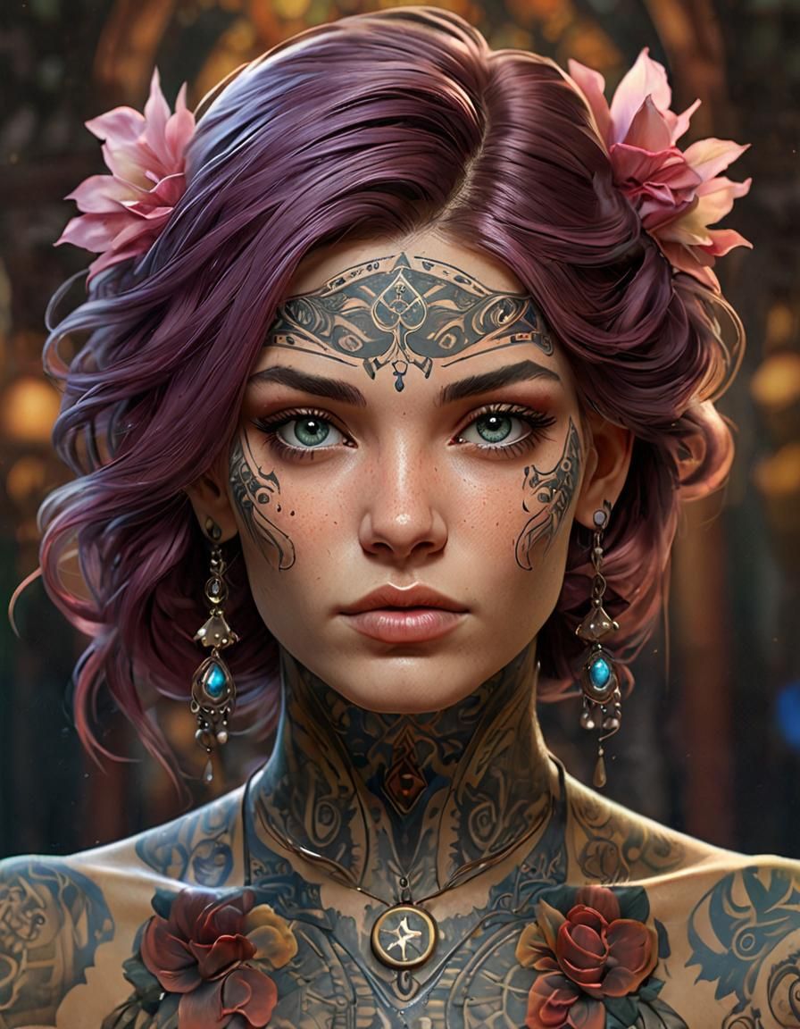 Tattooed Lady Portrait in Art Nouveau Style