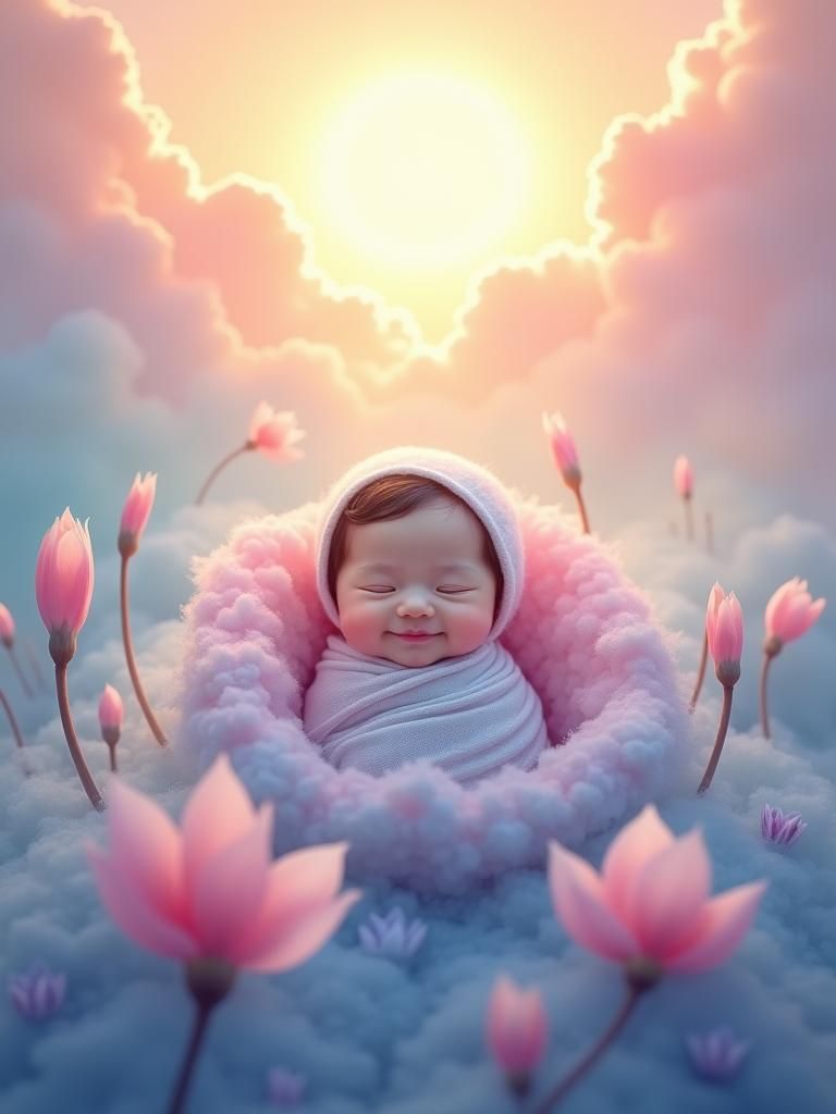 Newborn Baby in Aurora Flower, Watercolor Style
