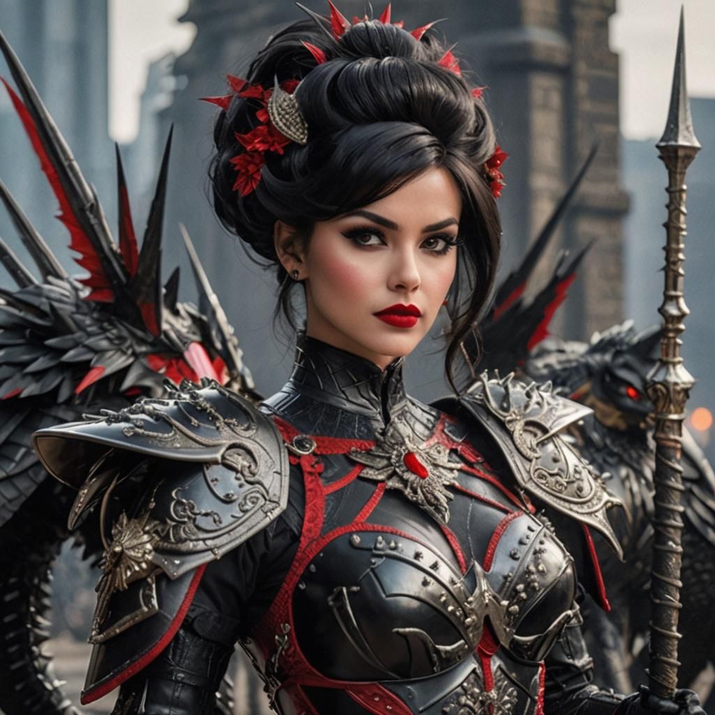 27 year old female, luxurious black 1960’s bouffant hair, black eyeshadow, red lipstick, glossy black spiky armour, wyve...