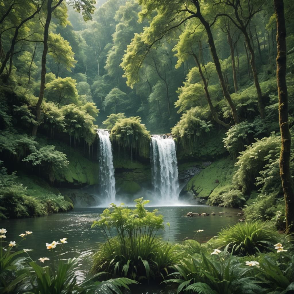 Lush Forest Waterfall in Cinematic Style