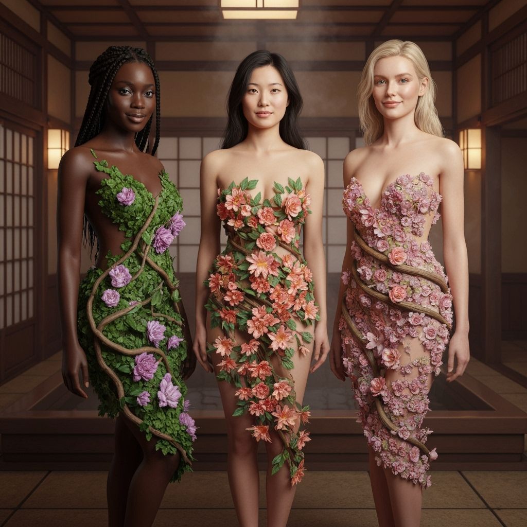 Women in 3D Printed Ikebana Garments in Japanese Bathhouse