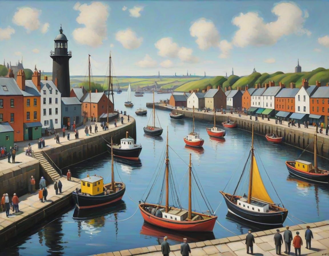 Sunny Harbor Scene in Lowry's Style