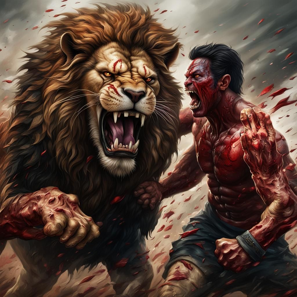 Furious Lion and Defiant Man in Hyperreal Detail