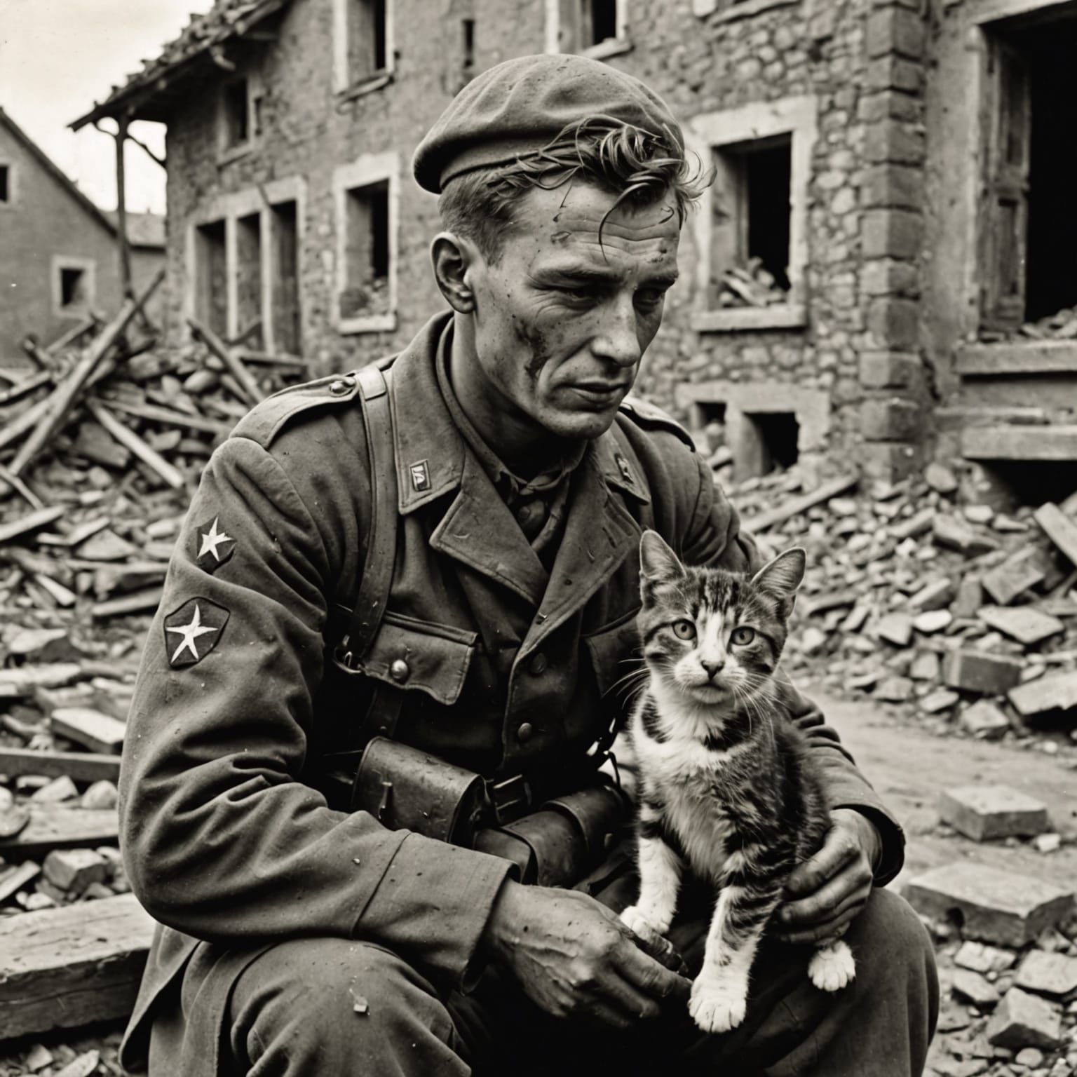 WWII German Soldier Cuddles Kitten by Bombed House