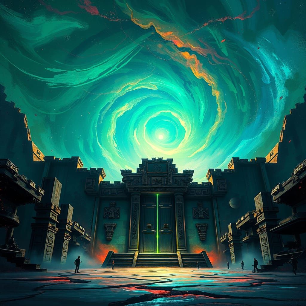 Ethereal Emerald Gate before Cosmic Vortex in Mayan-Inspired...