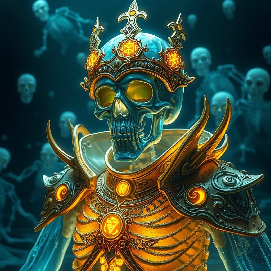 Icy Skeleton King in Golden Armor, Digital Art