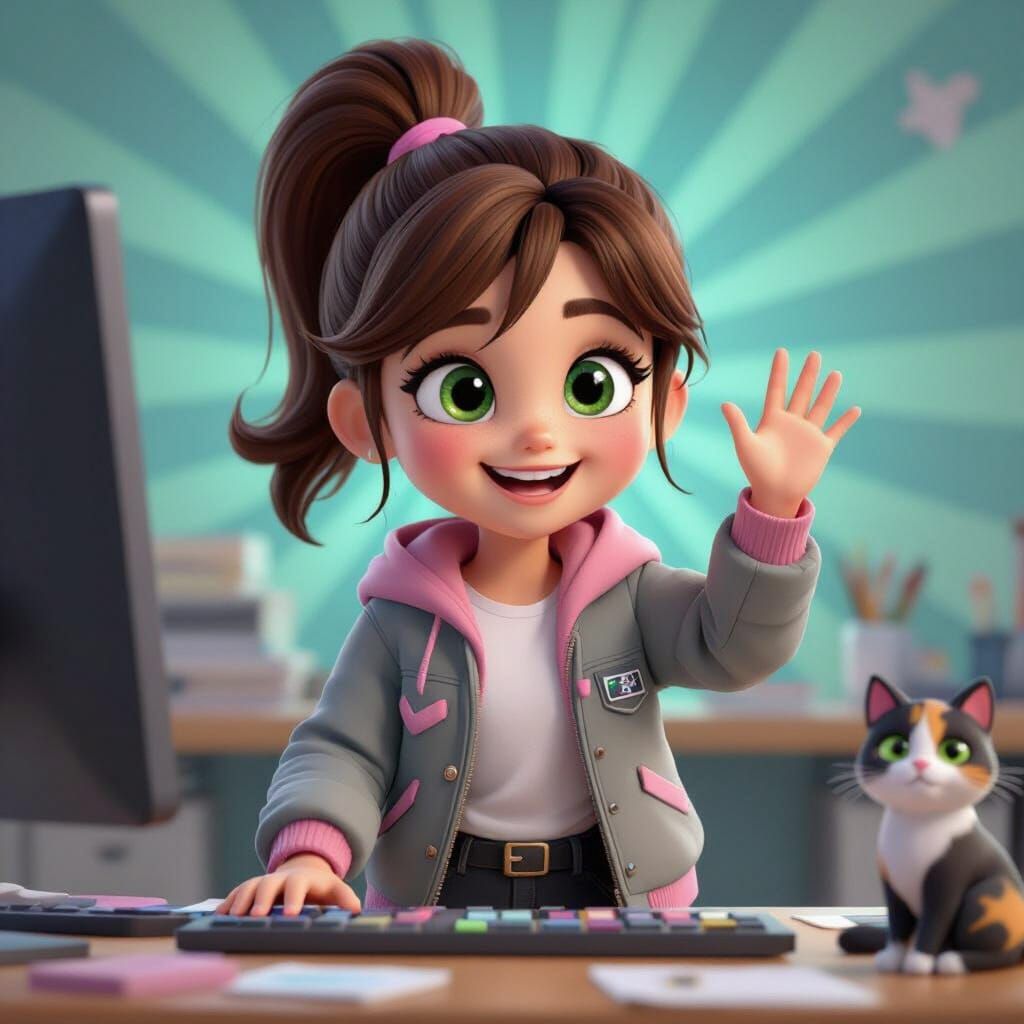 Girl Creating Digital Art in Pixar 3D Style