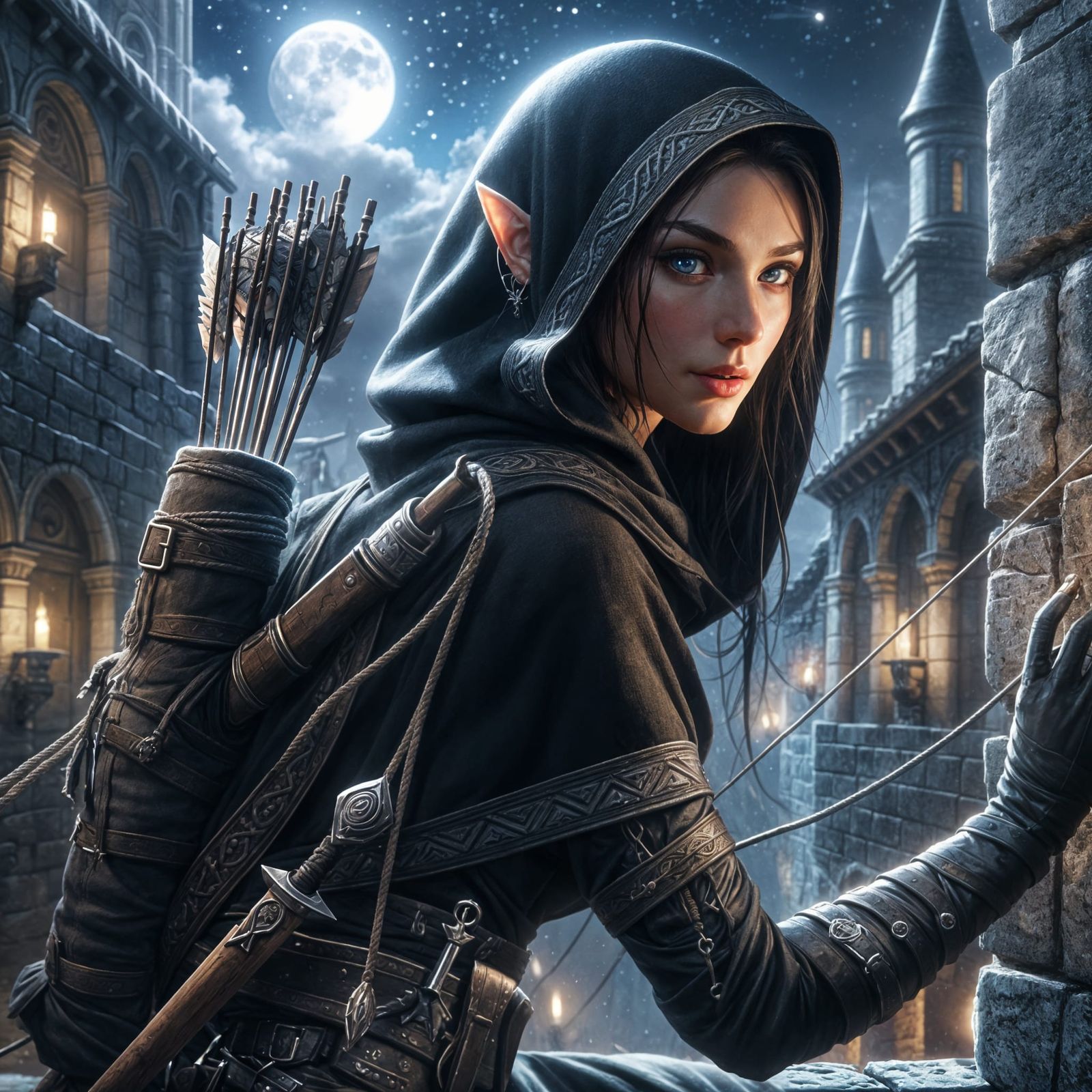 Elven Ninja Ascends Fortress Wall in Dramatic Lighting