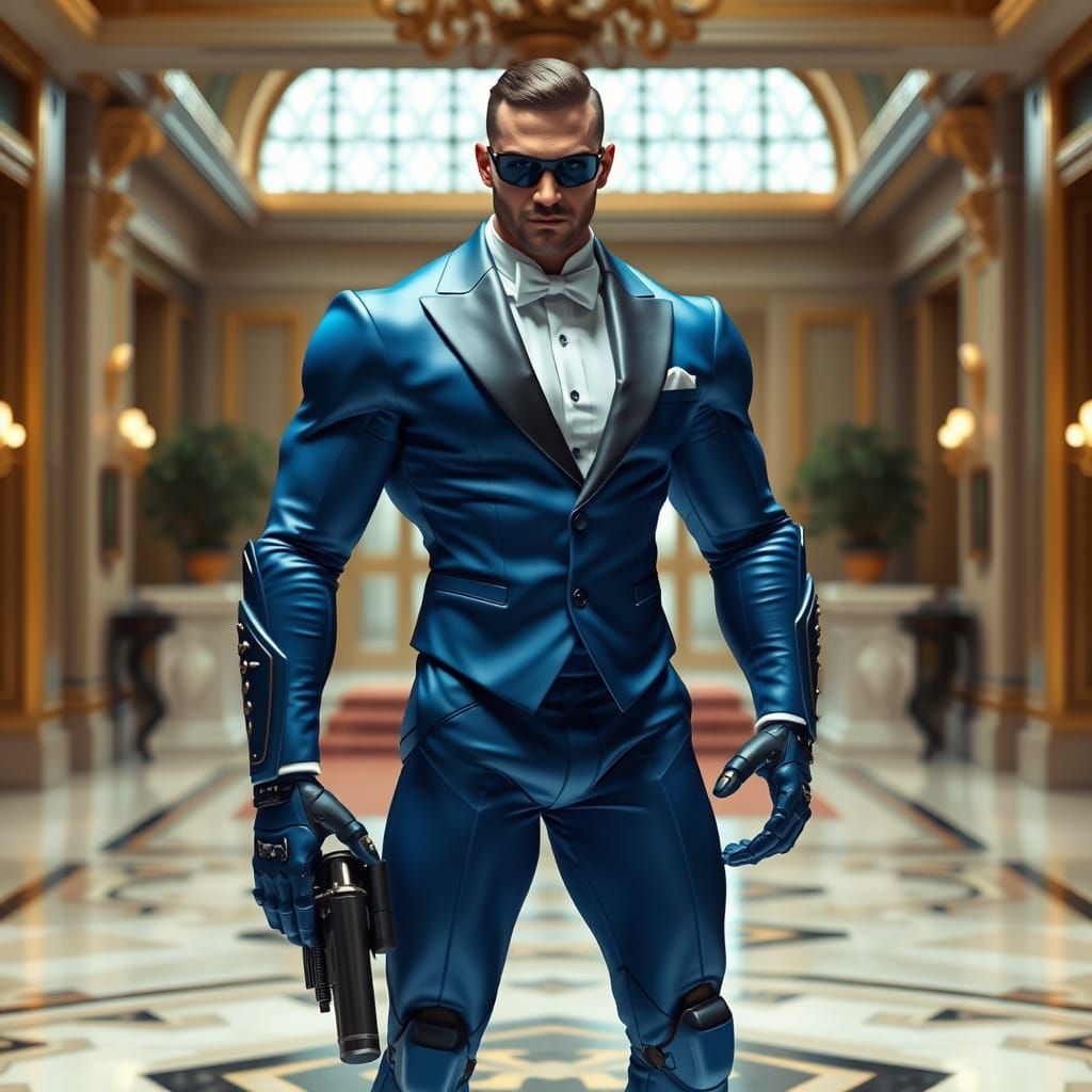 Cybernetic Agent in Elegant Tuxedo Stands in Ornate Foyer