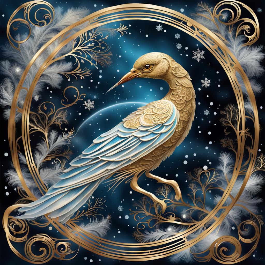 Winter Bird in Mystical Golden Wonderland